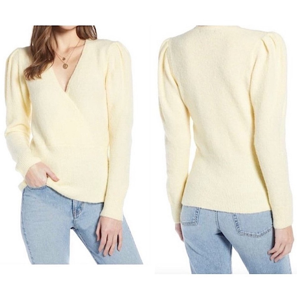 Something Navy Light Yellow Alpaca Surplice Faux Wrap Puff Sleeve Sweater Small